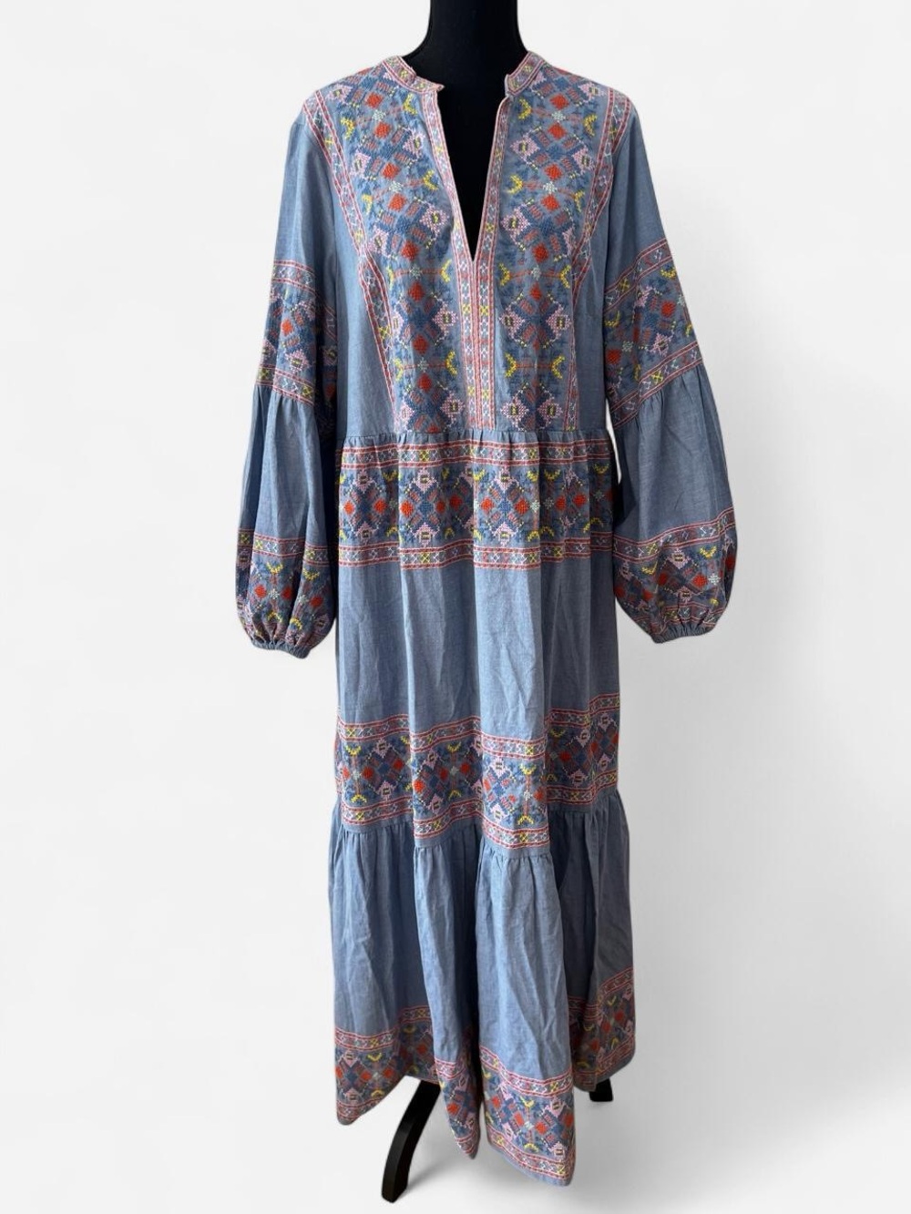 NWTs Boden Blue Chambray Embroidered Cotton Peasant Dress 16-18 XL Boho Cottage